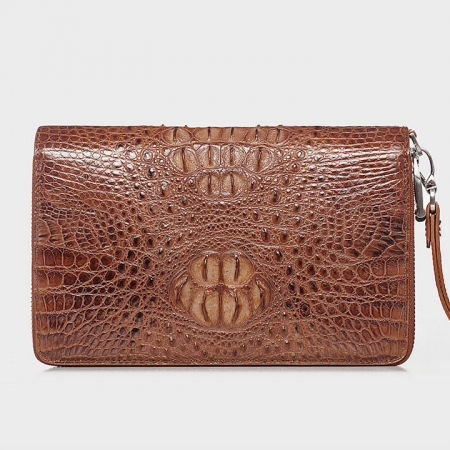 Double Zip Around Crocodile Wallet Large Clutch Organizer with Wristlet-Brown