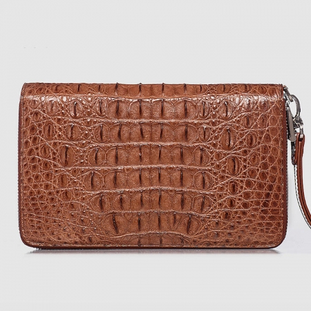 Double Zip Around Crocodile Wallet Large Clutch Organizer with Wristlet-Brown-Back