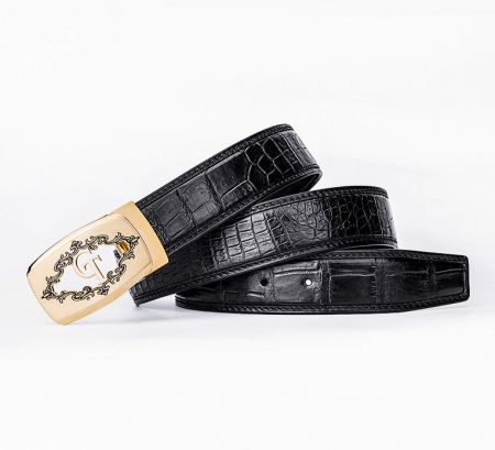 Designer Alligator Skin Dress Belt-Black-Lay
