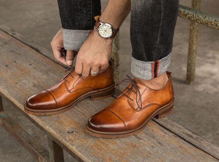 Men's Leather Oxford Dress Shoes Formal Lace up Shoes-Brown-Display