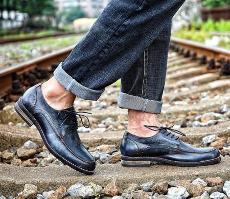 Men's Handmade Leather Modern Classic Lace up Leather Lined Perforated Derby Shoes-Navy blue-Display