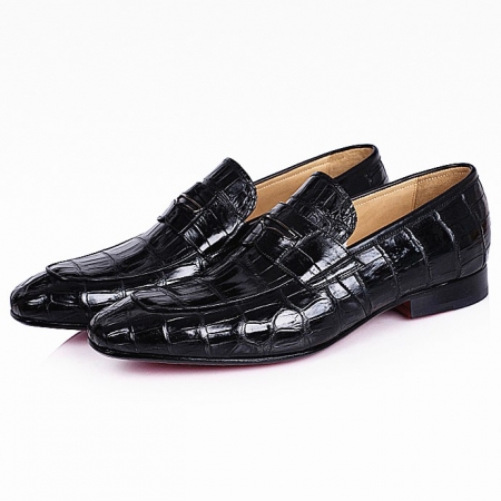 Men's Handcrafted Alligator Leather Penny Slip-On Leather Lined Loafer-Black