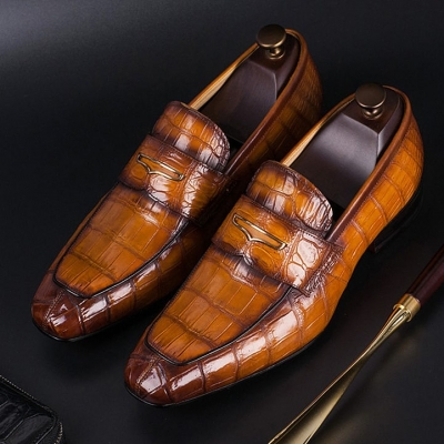Alligator Leather Penny Slip On Leather Lined Loafer-Tan